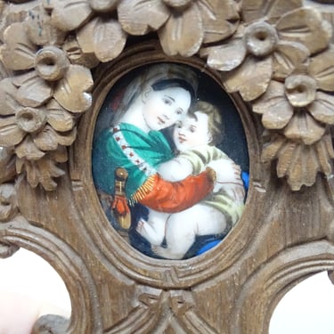 Hand Painted German Miniature Portrait of Saint Mary with Christ Child in Hand Carved Holy Water Font, Antique Madonna Painting 