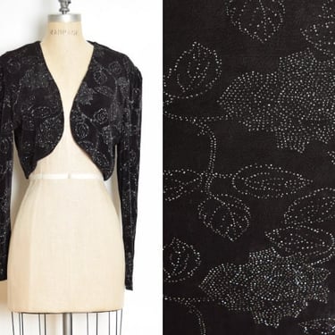 vintage 90s bolero jacket top black silver glitter print roses floral shrug L 