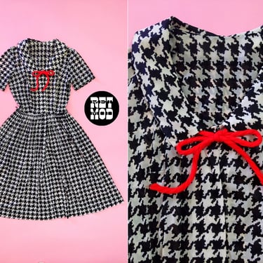 Super Sweet Vintage 60s Black White Houndstooth Nylon Fit and Flare Dress with Collar 