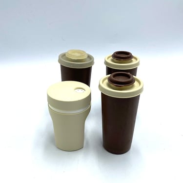 Tupperware Brown and Cream Shakers, Salt, Pepper, Spice Shaker, Nos. No. 1329 and 1471, Vintage Retro Plastic Kitchenware 