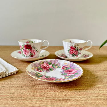 Vintage Allyn Nelson Rose Teacups and Saucers - Five Piece Set - Fine Bone China - England 
