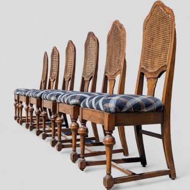 Antique Oak Dining Chairs, Set of 6, Cane Backs, Plaid Upholstered Seats, Jacobean Revival Style, Regency, Provincial, Vintage 