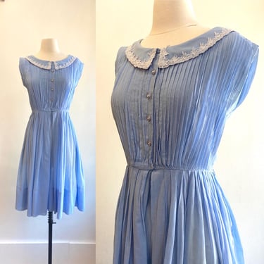 Vintage 50s Day Dress / BABY BLUE / Lace Trim Collar + Pleated Bodice + Rhinestone buttons + Full Skirt  / Cotton Gauze Voile / Caplan's 