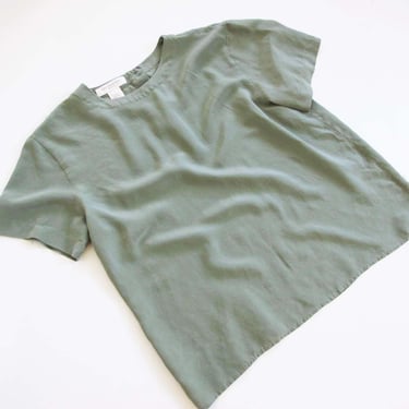 Vintage 90s Sage Green Silk Blouse S - 1990s Simple Short Sleeve Earth Tone Top - Minimalist Style 
