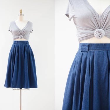 soft denim skirt | 80s 90s vintage fit and flare dark academia knee length jean skirt 