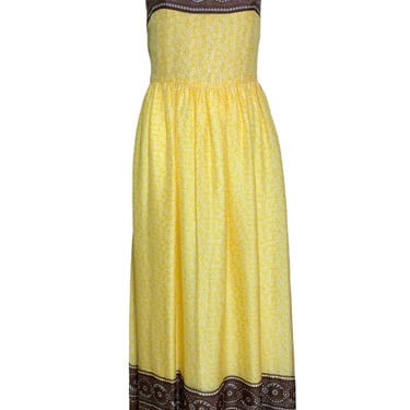Oscar de la Renta 70s Yellow and White Print Silk Gown with Cocoa Trim