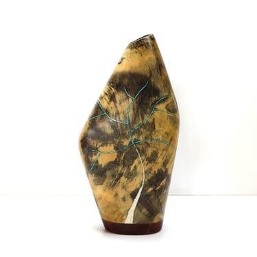 Uli Kirchlir One Of A Kind Handcrafted Wooden Vase With Turquoise And Stone Inlay, Modernist Carved Spalted Wood Sculpture 