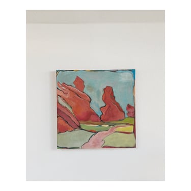 Vintage Original Large Oil on Canvas Muted Pinks, Natural West Rocks Abstract Landscape Painting 30” X 30” 