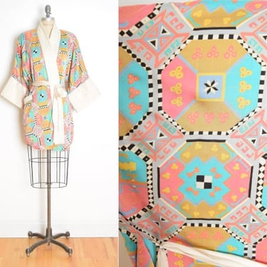 vintage 90s silk robe southwest print bed jacket wrap kimono lingerie M 