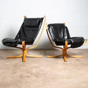 Mid Century Danish Modern Lounge Chairs Pair Black Leather Sigurd Ressell Falcon