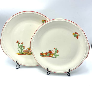 Taylor Smith Taylor Mexican Fantasy Platter, Red Trim, Flowering Cactus, Pots, Desert, Southwest, Vintage, Early Mid Century, Dinnerware 