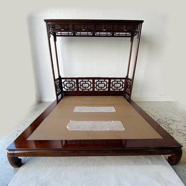 Vintage Chinoiserie King Platform Bed with Lighted Fretwork Canopy - Asian Style Hollywood Regency Bedroom Furniture 