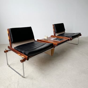 JACARANDA & BLACK LEATHER MP-123 MODULAR TWO SEAT BENCH BY PERCIVAL LAFER, 60's