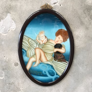 Antique Reverse Painting on Glass With Cat &amp; Puppy