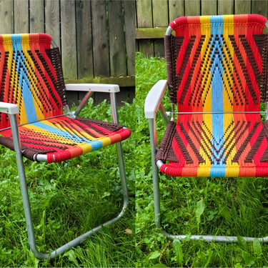 Handmade macrame lawn chair in rainbow colors, unique outdoor furniture for camping, glamping, pride, or van life forest fathers 