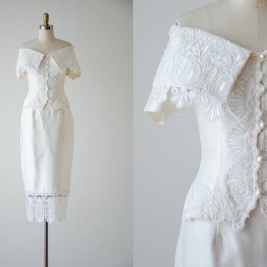 vintage wedding dress | 80s 90s vintage Jessica McClintock off shoulder ivory lace bridal wedding suit 