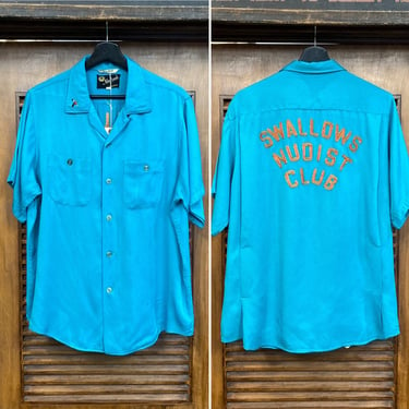 Vintage 1950’s Bowling “King Louie” Gabardine Rayon Nudist Club Rockabilly Shirt, 50’s Loop Collar Shirt, 50’s Club Shirt, Vintage Clothing 