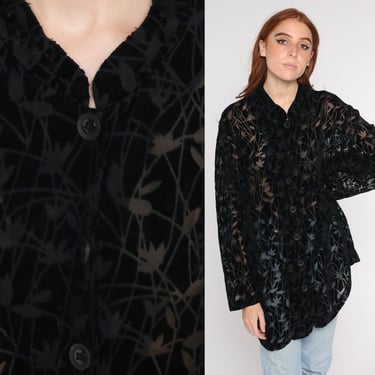 Black Velvet Burnout Blouse Y2K Floral Cut Out Sheer Shirt Long Sleeve Button Up Top Gothic Party Formal Witchy Vintage 00s Extra Large xl 