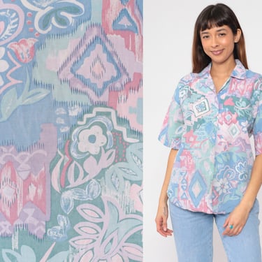 Abstract Floral Shirt 90s Button up Shirt Pastel Pink Blue Green Geometric Flower Print Short Sleeve Collared Top Vintage 1990s Medium M 