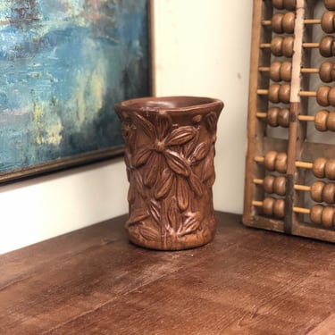 Vintage Decorated Wood Pottery Vases Carving Flowers Details sides 