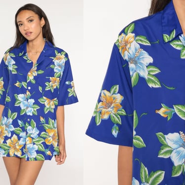Hawaiian Shirt Royal Blue Tropical Shirt 90s Floral Blouse Aloha SURFER Shirt Button Up Shirt Vintage Vacation 1990s Summer Large xl l 