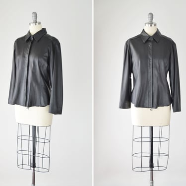 Leather Shirt Med / Relaxed Leather Shirt / Leather Shacket / Vintage Leather Button Down / Black Leather Blazer / Medium 
