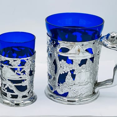Pair of Silver Chrome Tankards Japanese Nude Cobalt Glass Art Deco Beer Vintage Mugs 