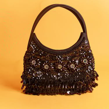 90s Black Sequin Fringe Mini Circle Handle Bag Vintage Top Handle Evening Beaded Night Purse 