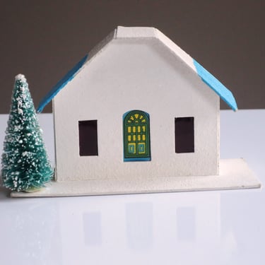 Cardboard Christmas Putz Village House, Vintage Glitter House 