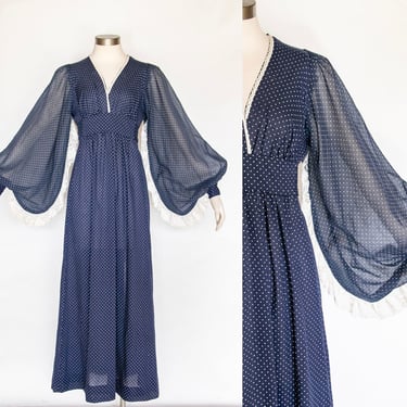 1970s Dress Polka Dot Poet Sleeve Maxi Gown S 