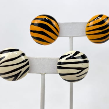 2 Pair 1980's Large Round Stud Earrings in Black / White Zebray & Orange / Black Tiger Print / Themed Earrings / Safari / 80's Rocker / Zoo 