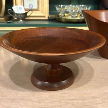 VINTAGE WALNUT WOODEN PEDESTAL BOWL | 10" W X 4.75"H
