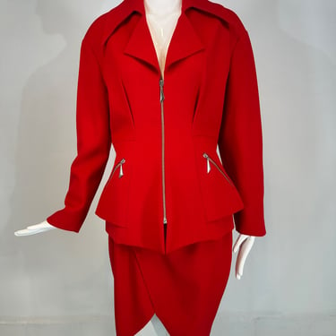 Thierry Mugler Red Wool Wide Lapel Nip Waist Jacket &amp; Skirt Set Silver Hardware 44