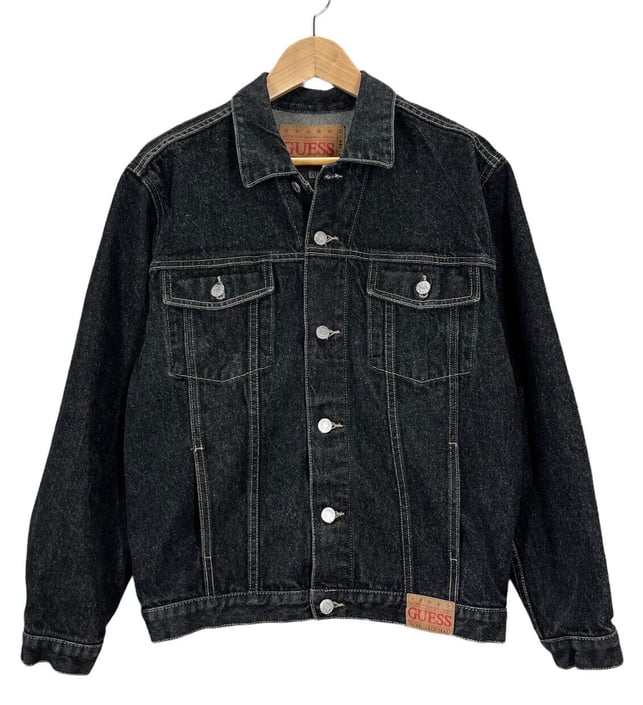 Vintage 90's GUESS Black Denim Trucker Jacket Women’s Sz XL Made in USA