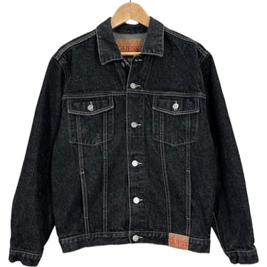 Vintage 90's GUESS Black Denim Trucker Jacket Women’s Sz XL Made in USA