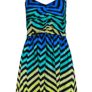 Parker - Blue & Green Marbled Striped Silk Ruched Dress Sz XS