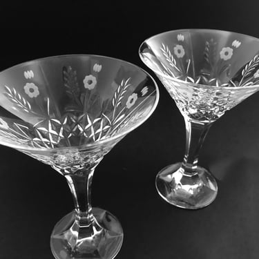 2  Crystal Martini Cocktail Glasses, Cut and Etched Glass Luxury Stemware 