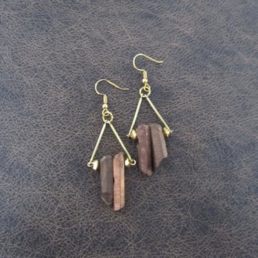 Raw quartz brown crystal earrings, rustic boho bronze unique earrings, geode natural bohemian, gold 