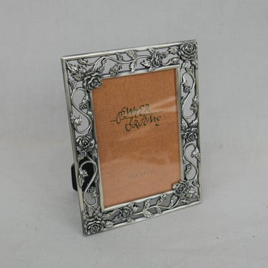 Vintage Pewter Picture Frame - Roses Leaves and Vines - Silvertone Metal with Glass - Holds a 2 1/2" x 3 1/2" Photo 