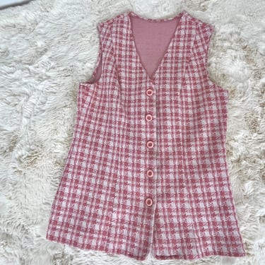 70s pink plaid vintage vest / vintage houndstooth button up vest / vintage midsize 70s top / pink vest / 60s 70s plaid top / size 10 size 12 