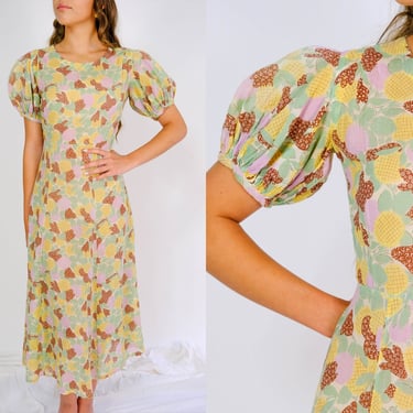 Vintage 40s Handmade Pastel Dandelion & Sunflower Patch Print Empire Waist Dress w/ Poof Shoulders | Cotton Gauze | 1940s Bohemian Dress 