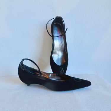 Giorgio Armani Black Suede Pointed Toe Kitten Heel Mary Jane Flats Italian Designer Made in Italy 1990's Size 38.5 8US 