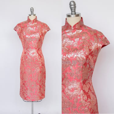 1960s Cheongsam Dress Pink Metallic Chinese XS 