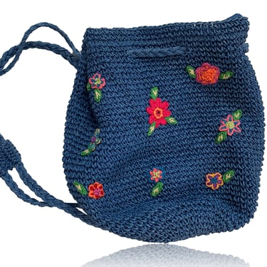 90s Vintage Convertible Crossover or Backpack Crochet Floral Embroidered Boho Drawstring // Blue And Multicolored Floral //  Festival Bag 