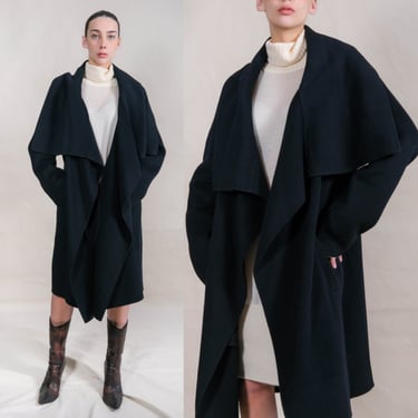 Vintage DONNA KARAN Black Label Runway Collection Black Cashmere Wing Lapel Duster w/ Pockets | 100% Cashmere | 2000s Y2K DKNY Designer Coat 