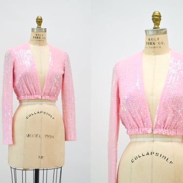 70s 80s Vintage Cropped Pink Sequin Jacket Small//  Vintage Sequin Jacket Size Small Pink Wedding Party Jacket Barbie Pink Cropped Jacket 