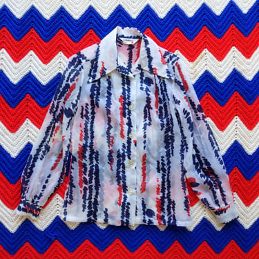 Lovely Vintage 60s 70s Sheer White Blue Red Patterned Long Sleeve Collared Blouse 