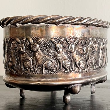 Oval Repousse Footed Bowl with Rabbit Motif | Bunnies | Bunny Pattern | Twisted Rope Rim | Traditional | Hare | Grandmillenial Style 