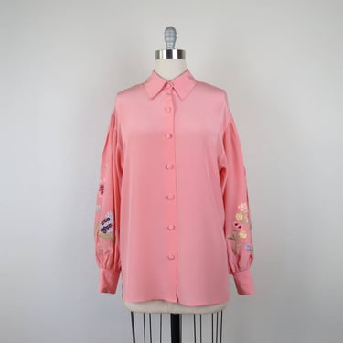Vintage silk embroidered balloon sleeve blouse, DVF, oversized, pink top 