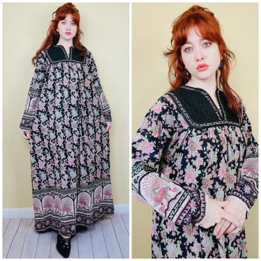 1980s Vintage Indian Cotton Black and Pink Maxi Dress / 80s Quilted Bib Bohemian Gauze Gown / One Size 